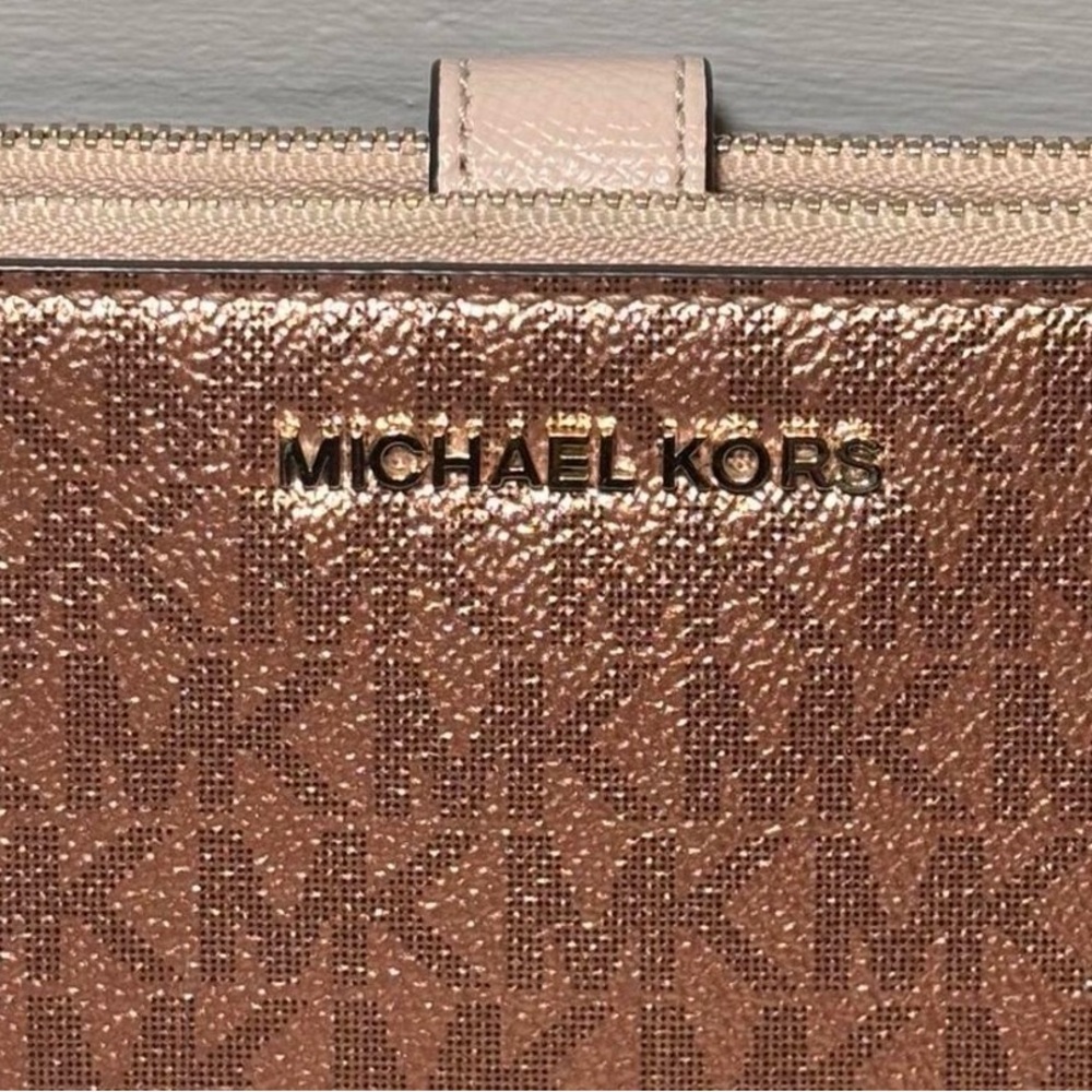 Michael Kors Rose Gold Metallic Logo Zip Wallet